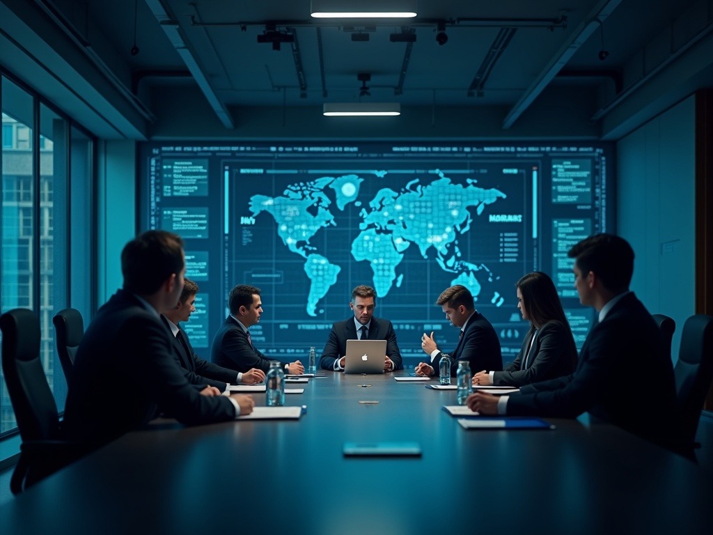 Imagen ultra realista de ejecutivos tecnológicos auditando agente IA riesgos en infraestructura digital con interfaces y redes visibles