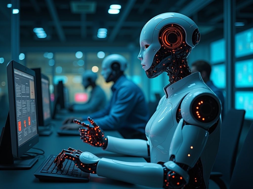 Representación ultra realista de agentes IA para innovación ejecutando tareas autónomas en un entorno corporativo moderno