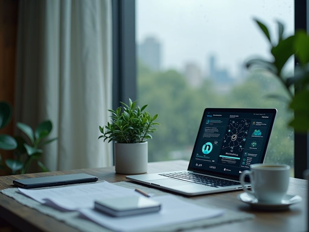 Moderna oficina de consultoría en Getxo con un portátil mostrando gráficos de automatización y datos.