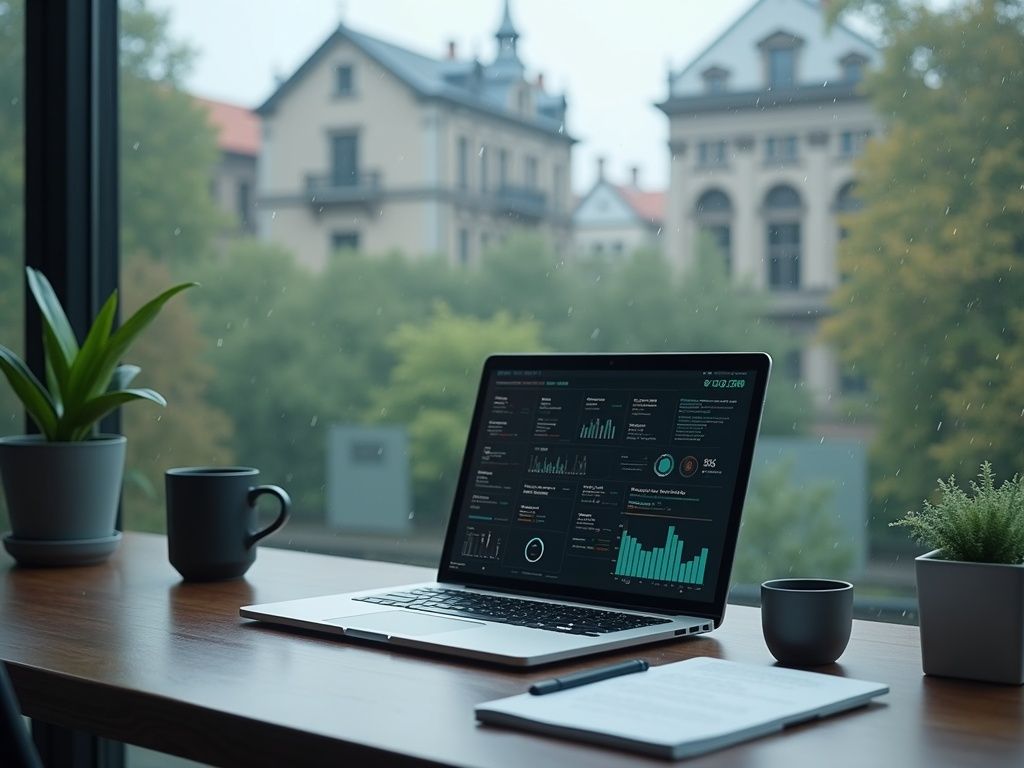 Oficina moderna de consultoría con un laptop que muestra gráficos de automatización, en Siero.