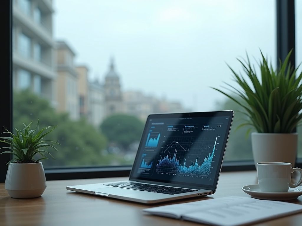 Oficina moderna de la agencia de automatización en Aviles con laptop mostrando gráficos de automatización.