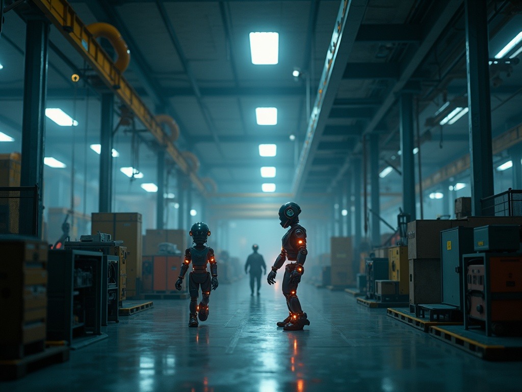 Escena industrial con robots autónomos mostrando avances en IA física de Nvidia, integrando gravedad e inercia para eficiencia y seguridad