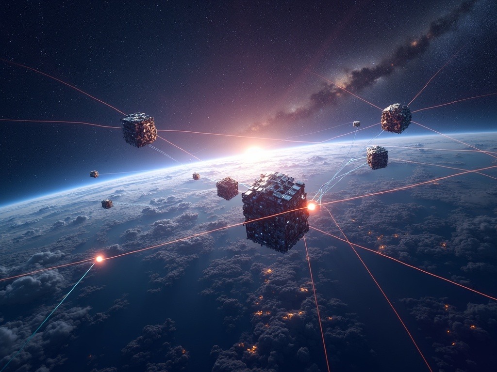 centros-de-datos-en-el-espacio-la-revolucion-que-transformara-la-computacion-empresarial Constelación de satélites interconectados en órbita terrestre, mostrando centros de datos en el espacio con paneles solares eficientes