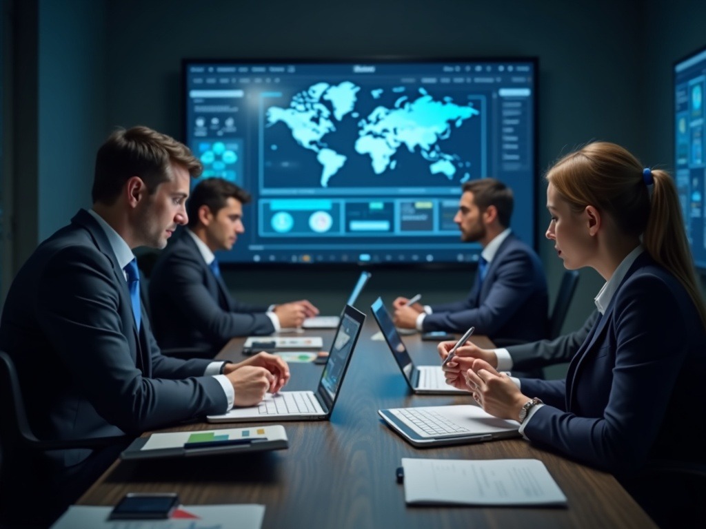 Ejecutivos en una reunión de negocios que editan presentaciones dinámicas con NotebookLM integrado en PowerPoint, mostrando diapositivas vibrantes en dispositivos digitales