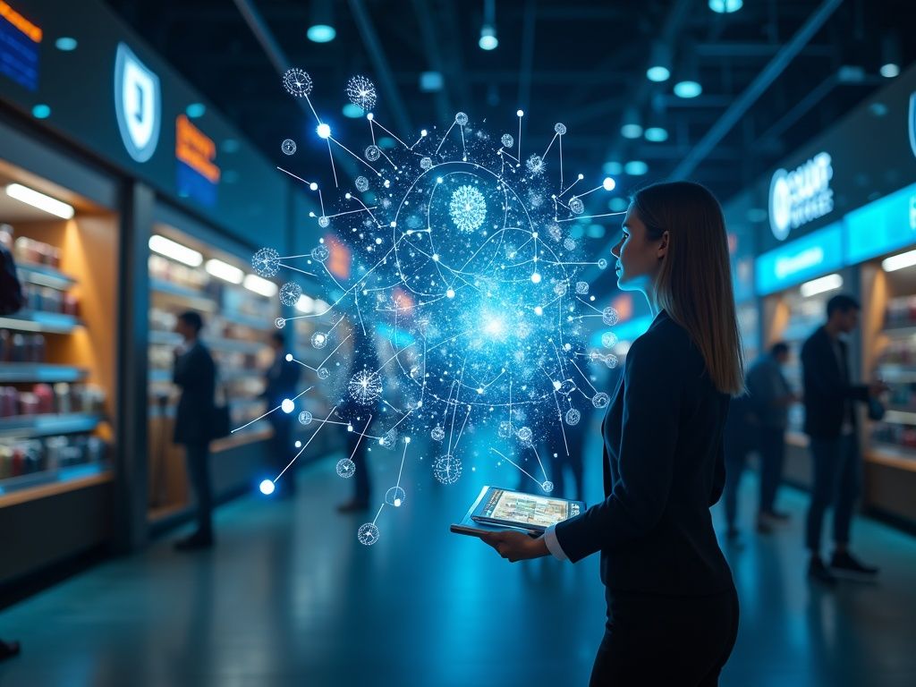 Escena ultra realista que muestra cómo las compras con inteligencia artificial mejoran la experiencia del cliente con recomendaciones personalizadas y asistentes virtuales en retail