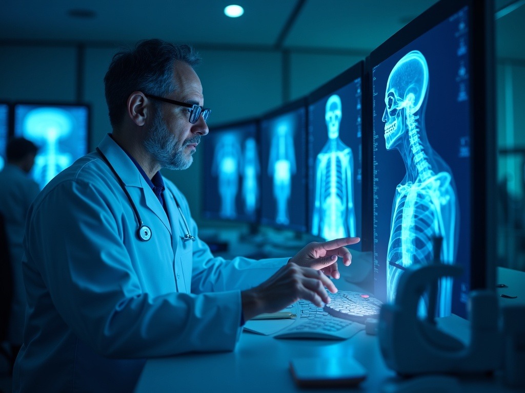 Radiólogo trabajando junto a tecnología avanzada de IA en radiología, mostrando el aumento de salarios y productividad