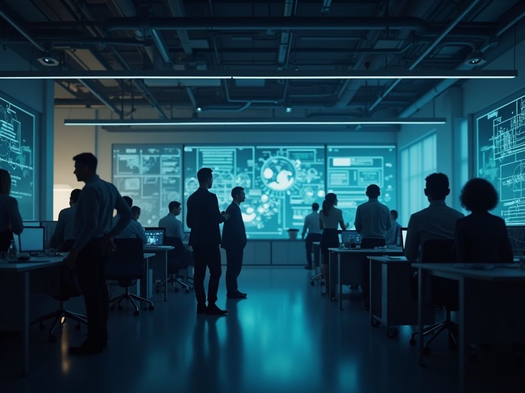 como-la-inteligencia-artificial-esta-influyendo-en-la-reduccion-de-salarios-bajos-en-empresas-actuales Profesionales en ambiente ejecutivo que integran inteligencia artificial para analizar y ajustar salarios bajos en empresa moderna