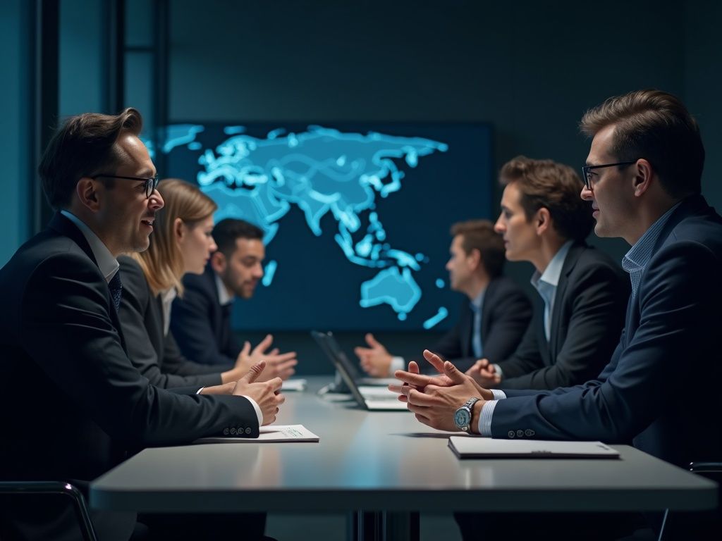 Ejecutivos en sala de juntas discutiendo la inteligencia artificial para la transformación empresarial con expresiones decididas