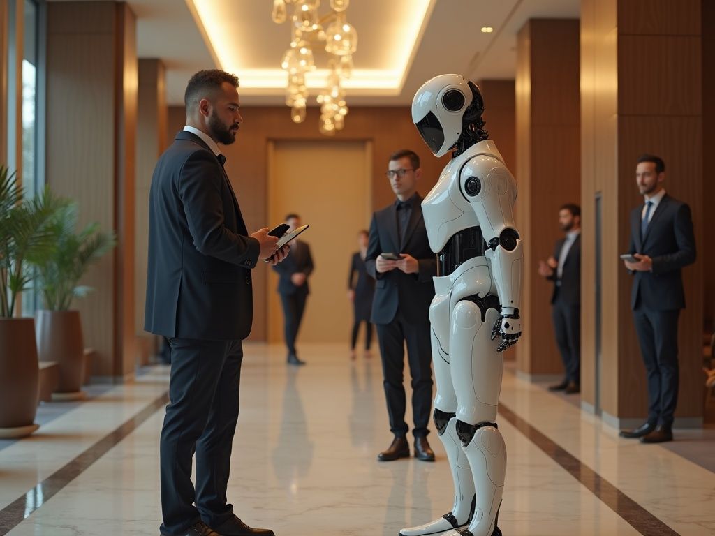 Robot conserje inteligencia artificial saludando a huéspedes en un moderno vestíbulo hotelero
