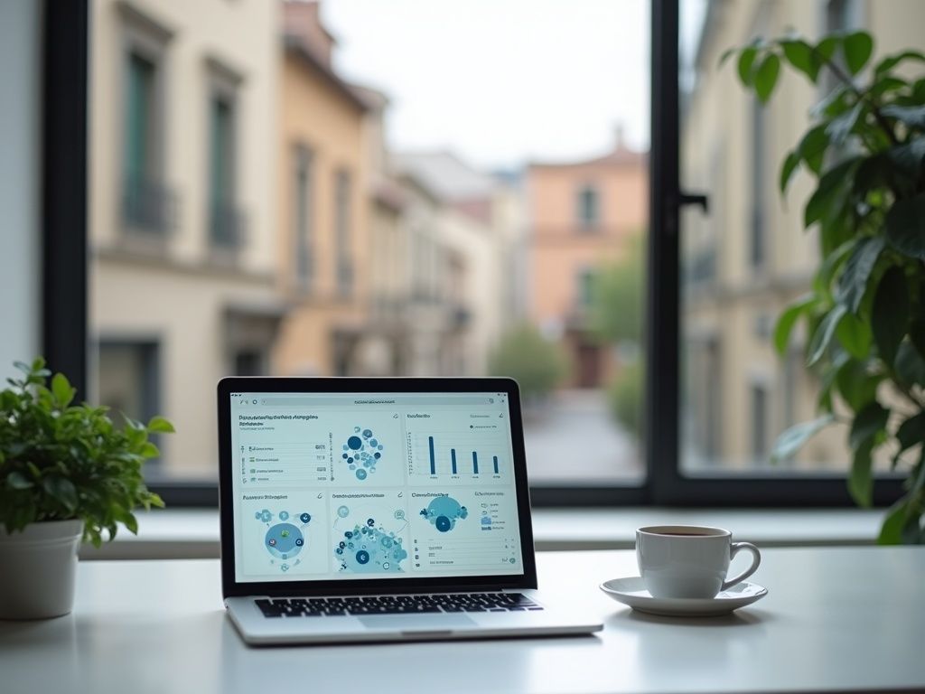 Espacio de oficina moderna con laptop y vista de Huesca, representando nuestra agencia de automatización en Huesca.