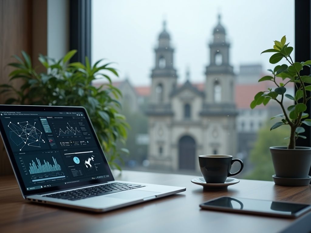 Consulting office desk with laptop showing automation graphs in Portugalete