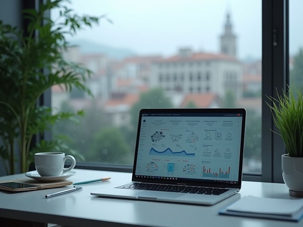 Oficina moderna con laptop y vista de San Sebastián en un día nublado, representando la Agencia de automatización en SanSebastian.