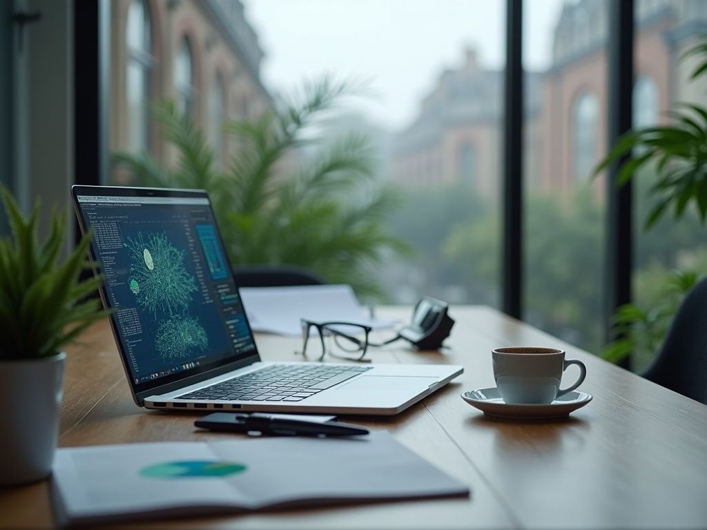 agencia-automatizacion-oviedo Oficina moderna de una agencia de automatización en Oviedo con tecnología avanzada y vista a la arquitectura granítica