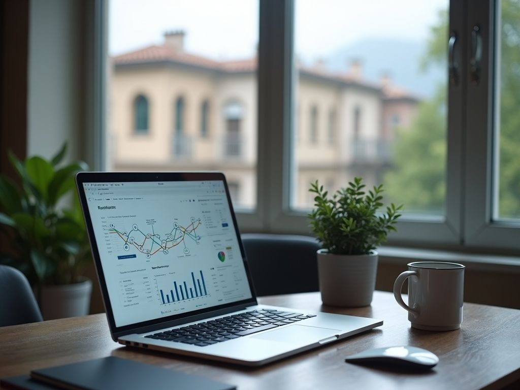 Oficina moderna con laptop y arquitectura de Langreo, representando la Agencia de automatización en Langreo.