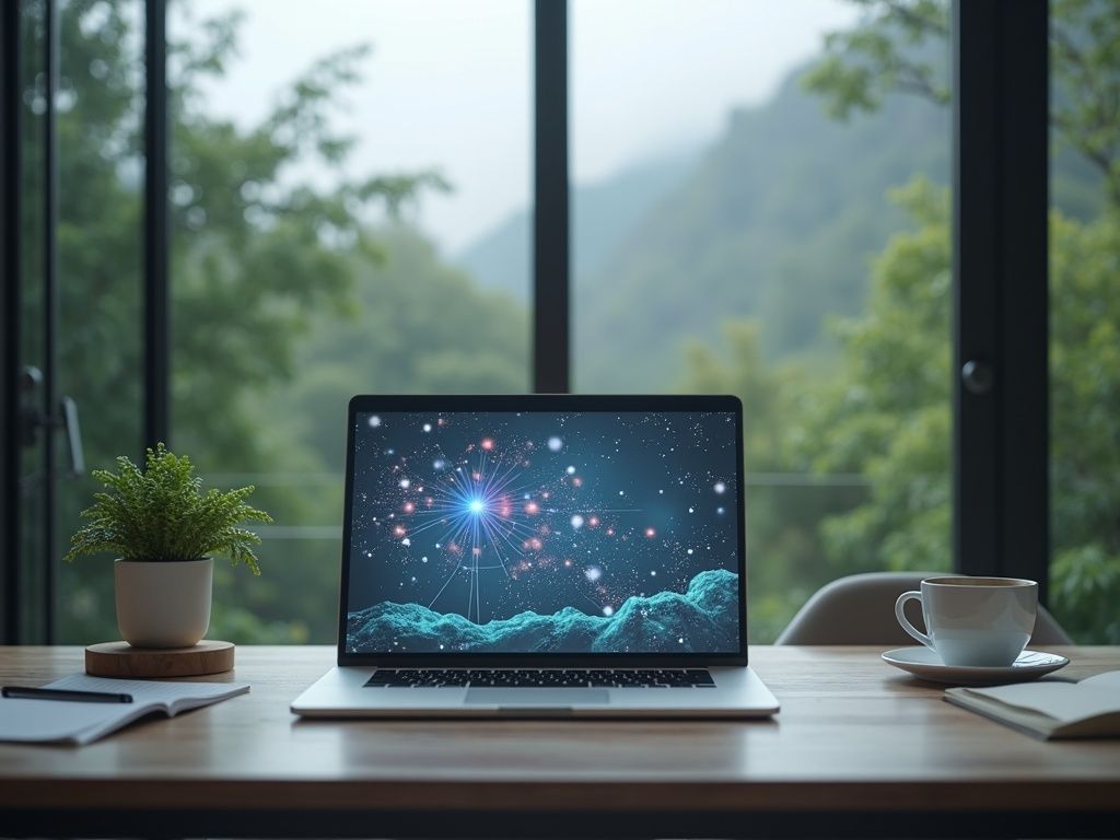 Oficina moderna de agencia de automatización en Barakaldo con laptop y datos visuales