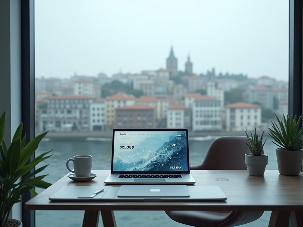 Oficina moderna de una agencia de automatización en Ferrol mostrando un escritorio ejecutivo con un portátil y vista de la ciudad.