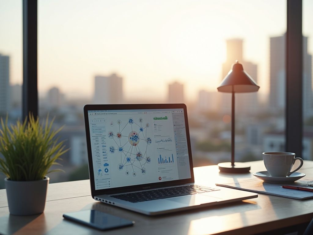 agencia-automatizacion-hospitalet Oficina moderna con laptop mostrando datos de automatización en Hospitalet.