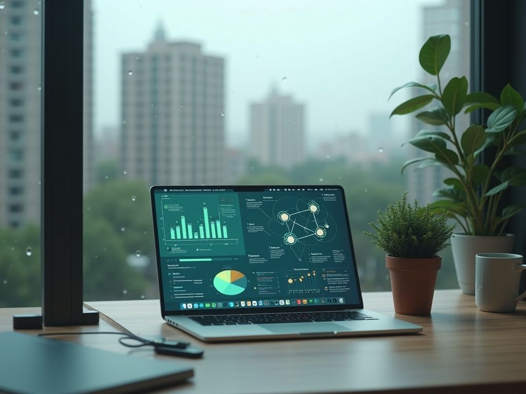 Oficina moderna en Torrelavega mostrando automatización de procesos con laptop y gráficos.