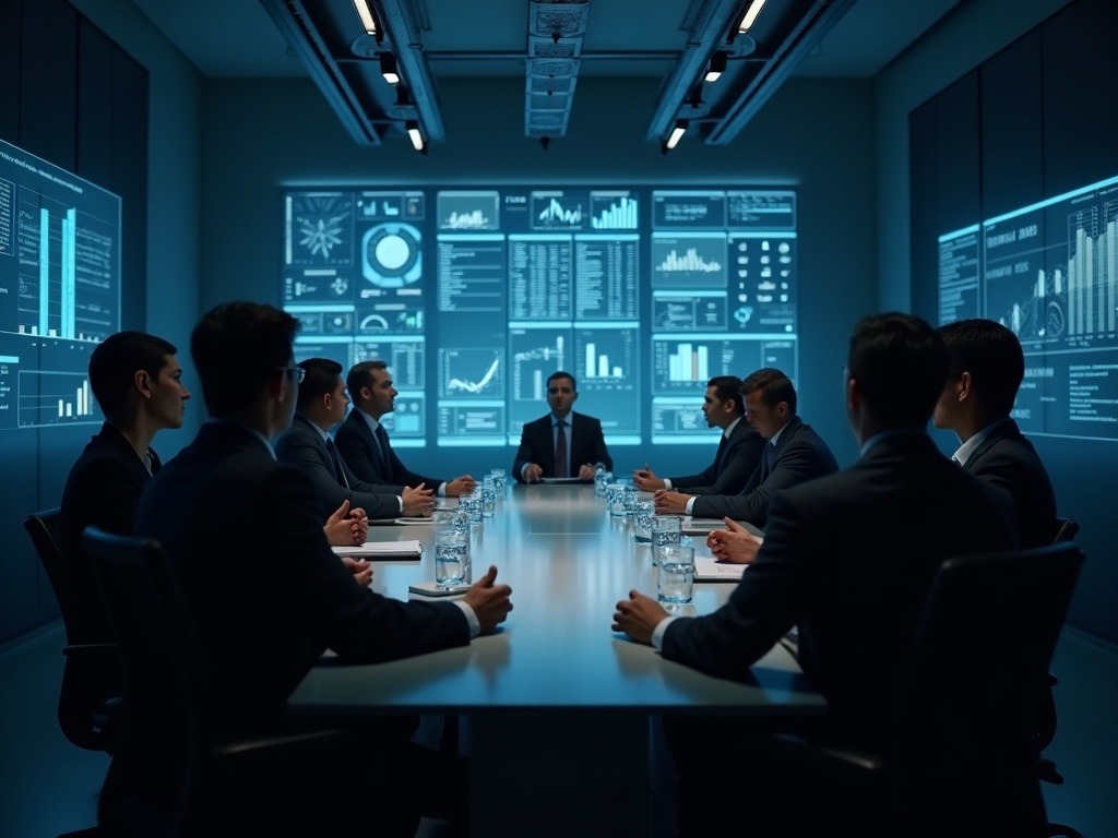 Sala de juntas con ejecutivos en debate serio sobre despidos por inteligencia artificial y reestructuración corporativa moderna