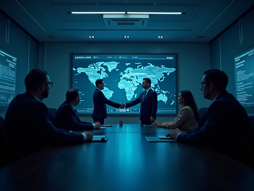 Ejecutivos en sala de juntas con interfaces digitales, destacando el acuerdo OpenAI y Pentágono en IA segura y avanzada