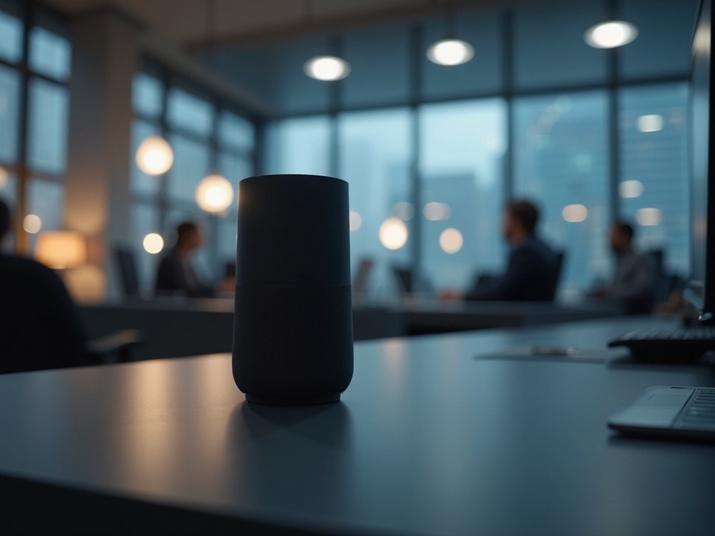 Altavoz OpenAI IA sobre escritorio corporativo, con reconocimiento facial y capacidades avanzadas de visión artificial en entorno de oficina moderno