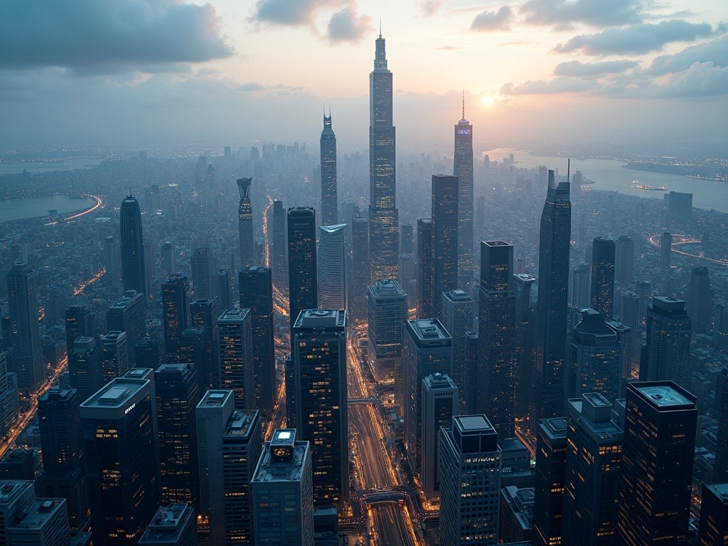 Vista aérea de un skyline financiero futurista con detalles tecnológicos, simbolizando el bono centenario de Google y su impacto en la financiación empresarial de IA