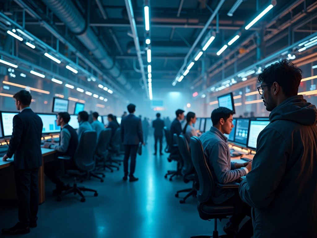 Profesionales trabajando en un entorno moderno con integración de empleos inteligencia artificial y avances tecnológicos