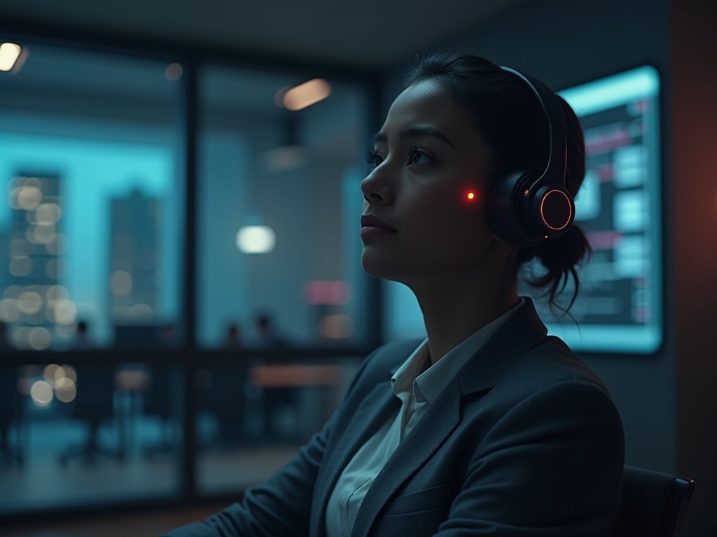 Dispositivo OpenAI 2026 sin pantalla para ejecutivos en un ambiente corporativo tranquilo y elegante