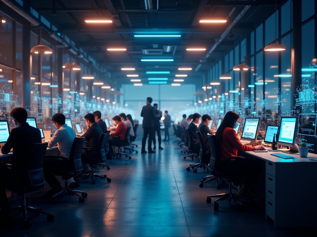 Escena ultra realista que muestra el futuro del trabajo en 2026 con oficinas descentralizadas, estaciones de trabajo con IA y espacios enfocados en bienestar y productividad