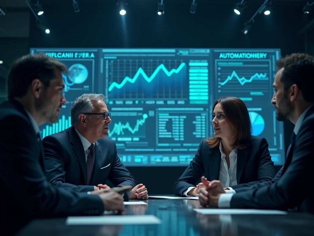 Ejecutivos en una sala moderna analizan la inteligencia artificial futuro laboral mediante hologramas futuristas y gráficos económicos