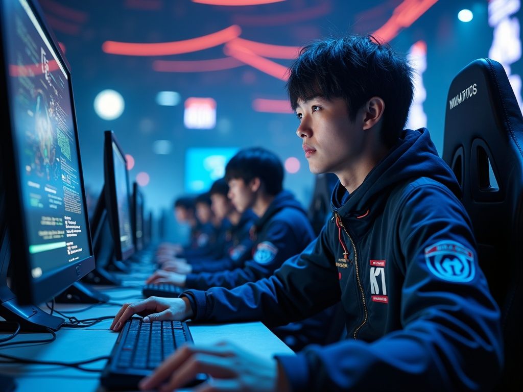 el-impacto-de-la-inteligencia-artificial-en-los-esports-para-optimizar-decisiones-estrategicas Escena ultra realista de un partido de eSports destacando la inteligencia artificial y el equipo humano T1 en intensa competencia