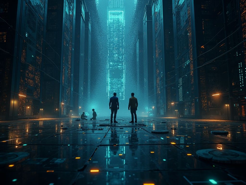 Representación ultra realista de la extracción y control de datos en el imperio de la tecnología IA con contrastes entre lujos y explotación laboral