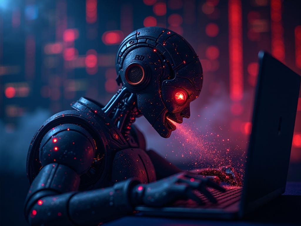 Representación de malware con inteligencia artificial infiltrando infraestructura en la nube con efectos de luz cinemática y código dinámico