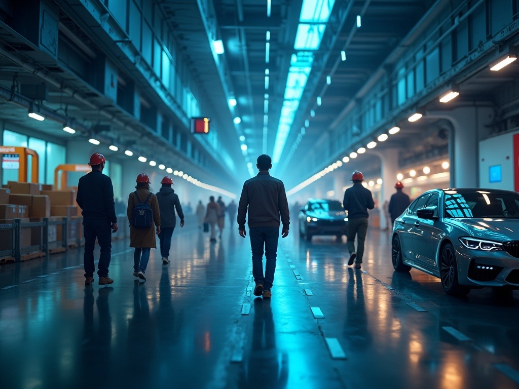 Escena futurista del mercado digital empleo donde IA gestiona tareas y humanos ejecutan operaciones físicas en plataforma RentAHuman.ai