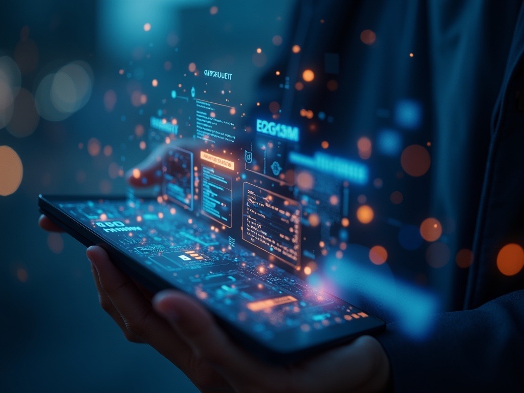 Escena macro ultra realista que muestra gastos en aplicaciones de inteligencia artificial dominando sobre juegos móviles, reflejando la transformación económica digital