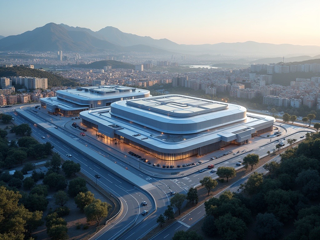 Gigafactoría de inteligencia artificial ultrarrealista con diseño futurista entre los paisajes vibrantes de Madrid y Cataluña, mostrando arquitectura tech y computación avanzada