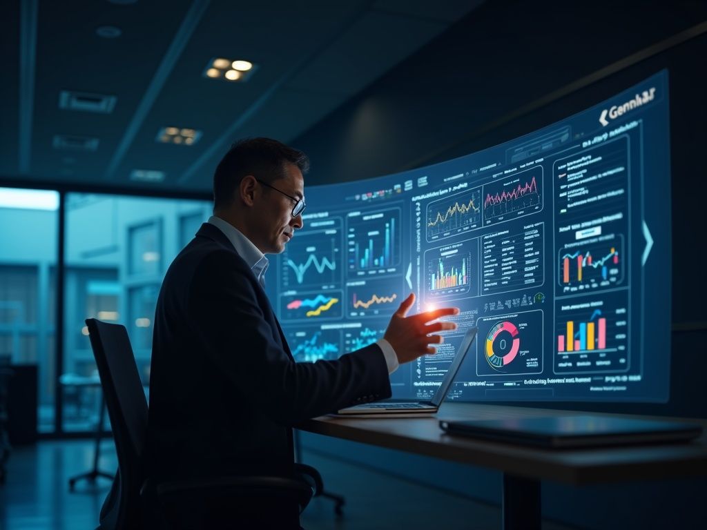 Ejecutivo en entorno corporativo revisando datos animados y estadísticas a través de Gemini NotebookLM integración