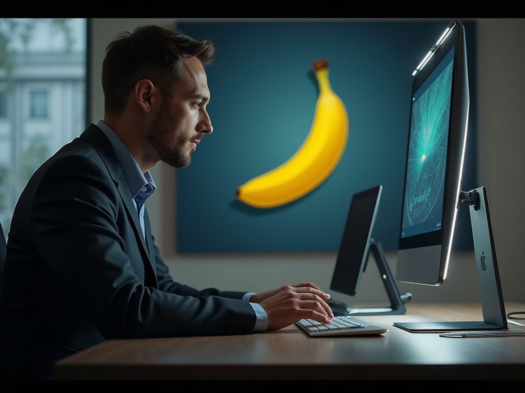 Ejecutivo usando la inteligencia artificial editor de imágenes Nano Banana de Google en un espacio de trabajo moderno