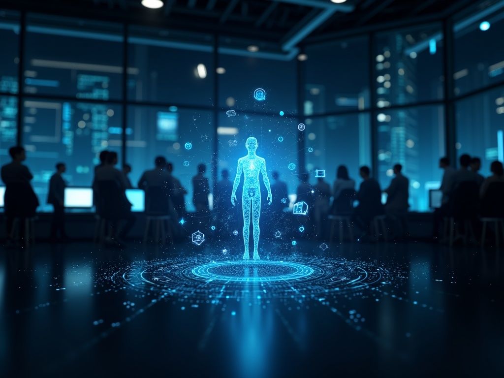 Ilustración ultra realista mostrando inteligencia artificial 2025 integrada en un entorno corporativo moderno con plataformas ChatGPT, Copilot y Gemini