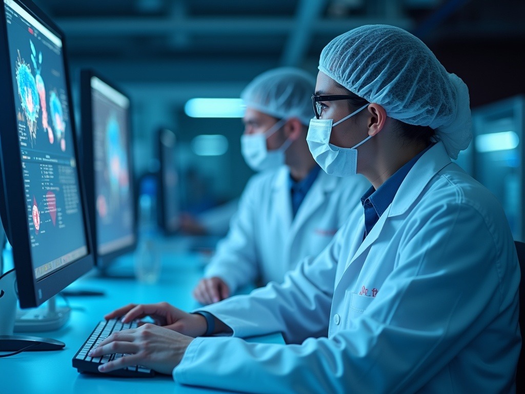 Laboratorio moderno donde inteligencia artificial seguridad alimentaria detecta bacterias en muestras con alta precisión y rapidez