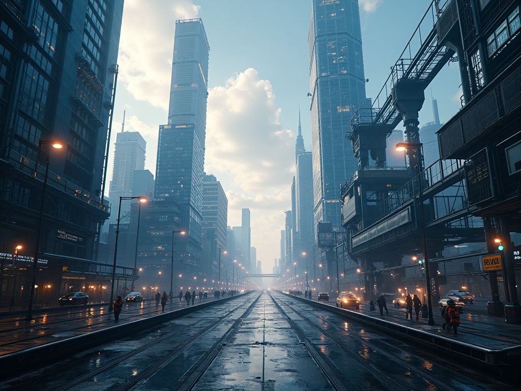 Escena ultra realista que muestra la inteligencia artificial y sus costos en 2026 con ciudades futuristas, tecnología avanzada y contraste entre empresas grandes y medianas