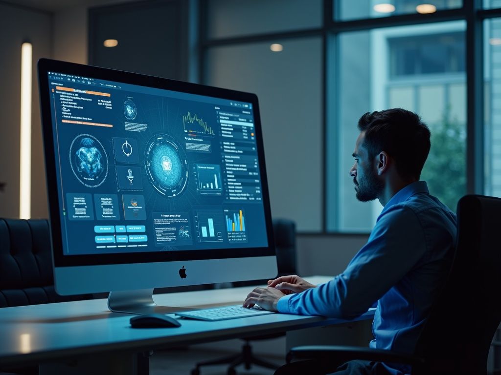 Escena ultrarrealista de la IA Cowork Anthropic integrada en un escritorio macOS, mostrando interacción humano-máquina eficiente y autónoma en entorno empresarial