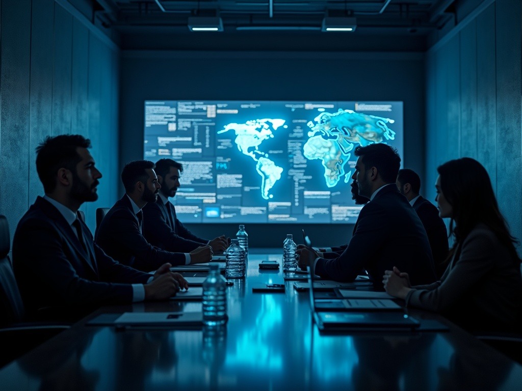 Reunión ejecutiva en sala moderna con tecnología avanzada discutiendo la adopción de IA en empresas españolas para impulsar la transformación digital