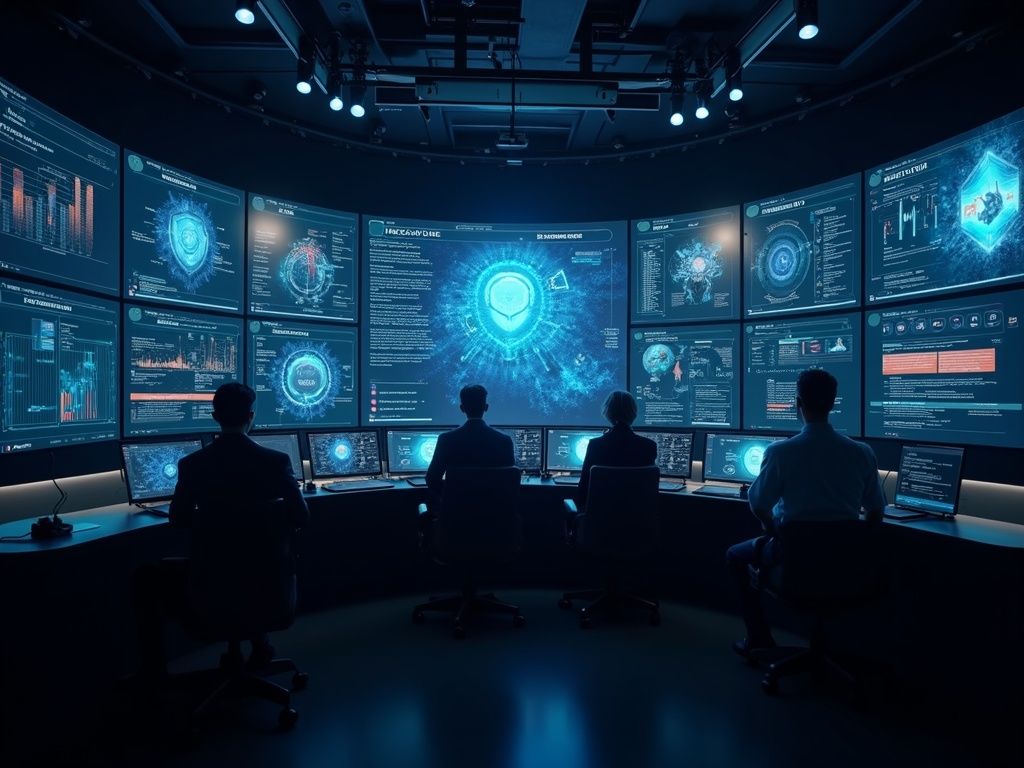 la-ia-en-la-ciberseguridad-contra-ataques-clave-para-proteger-su-negocio-en-2026 Sala de control futurista mostrando análisis y defensas de IA en ciberseguridad contra ataques sofisticados