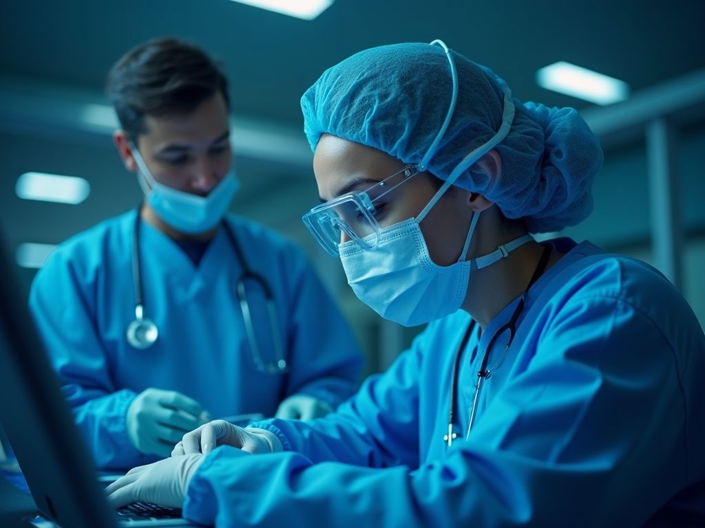 Tecnología de IA en sanidad europea mostrando dispositivos avanzados y pantallas con datos médicos en un hospital moderno