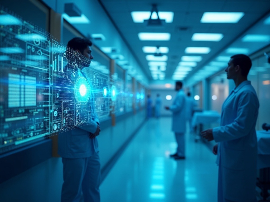 Imagen ultra realista de IA en salud interactuando con médicos en hospital moderno