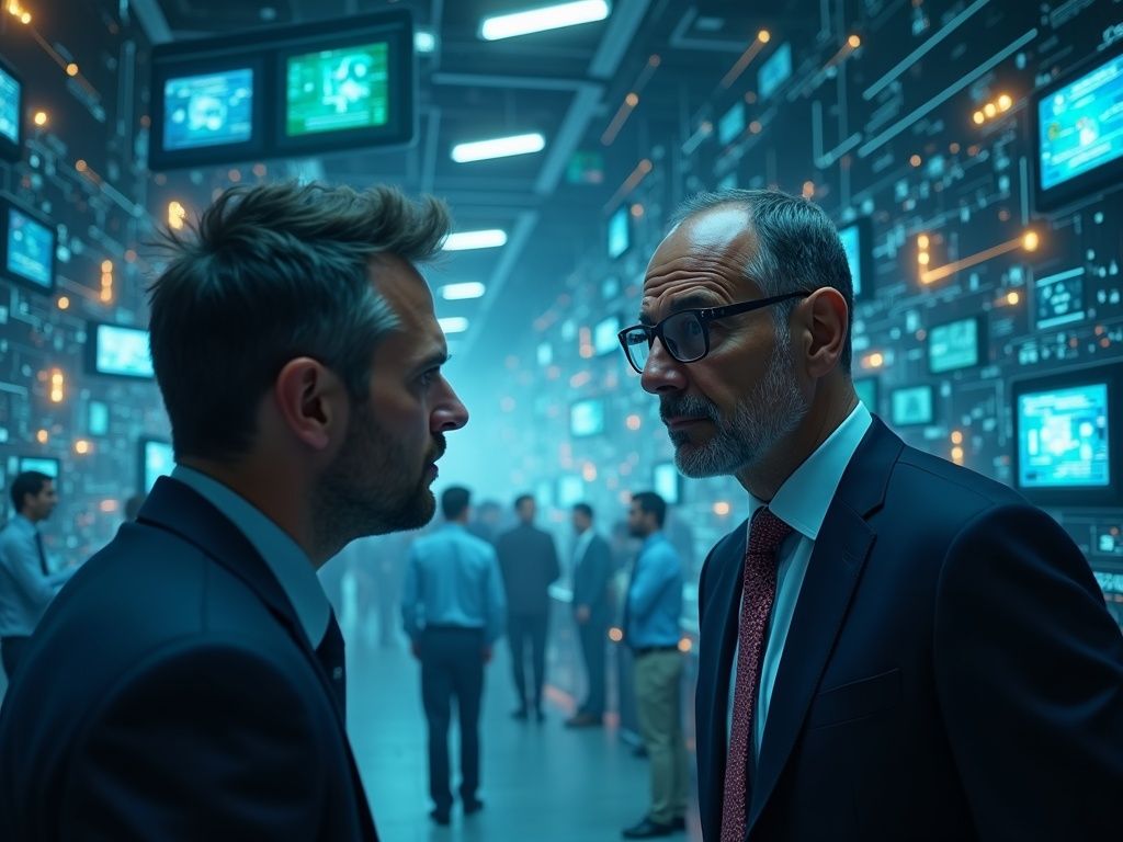 la-adopcion-de-inteligencia-artificial-en-pymes-como-superar-barreras-y-ganar-eficiencia Pequeños empresarios con expresión de concentración y determinación rodeados de herramientas digitales que simbolizan la adopción de inteligencia artificial