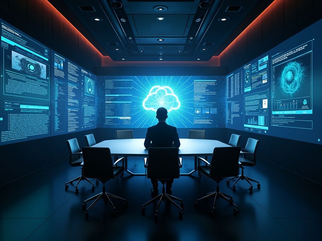 Sala de juntas moderna con CEO visionario de Meta rodeado de interfaces digitales mostrando redes neuronales y agentes autónomos de IA Manus