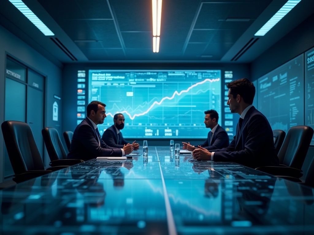 Reunión futurista en sala de banca con Carlos Torres Vila y Sam Altman, ilustrando la BBVA OpenAI alianza