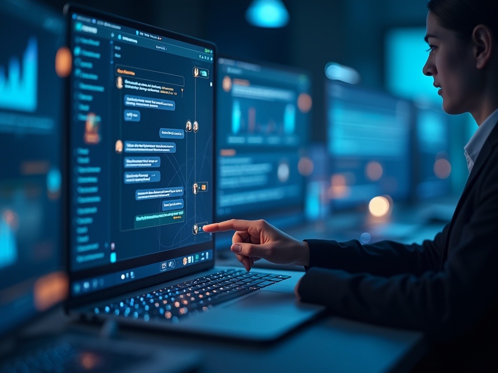 Escena ultra realista de un sistema moderno de asistencia en línea con chatbots y soporte en vivo para Pymes